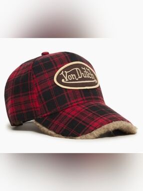 Von Dutch Red & Black Plaid Trucker Hat With Faux Fur Trim